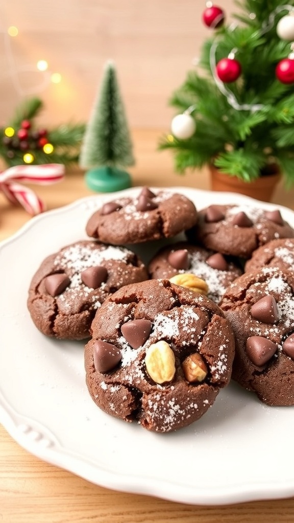 A plate of chocolate cookies dusted with powdered erythritol, surrounded by holiday decorations.